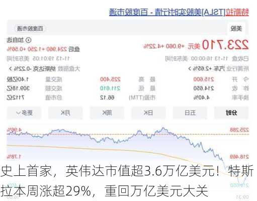 史上首家，英伟达市值超3.6万亿美元！特斯拉本周涨超29%，重回万亿美元大关